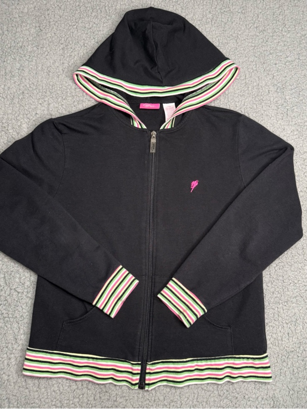 Pappagallo black zip up hoodie pink green striped trim preppy sporty jacket PM
